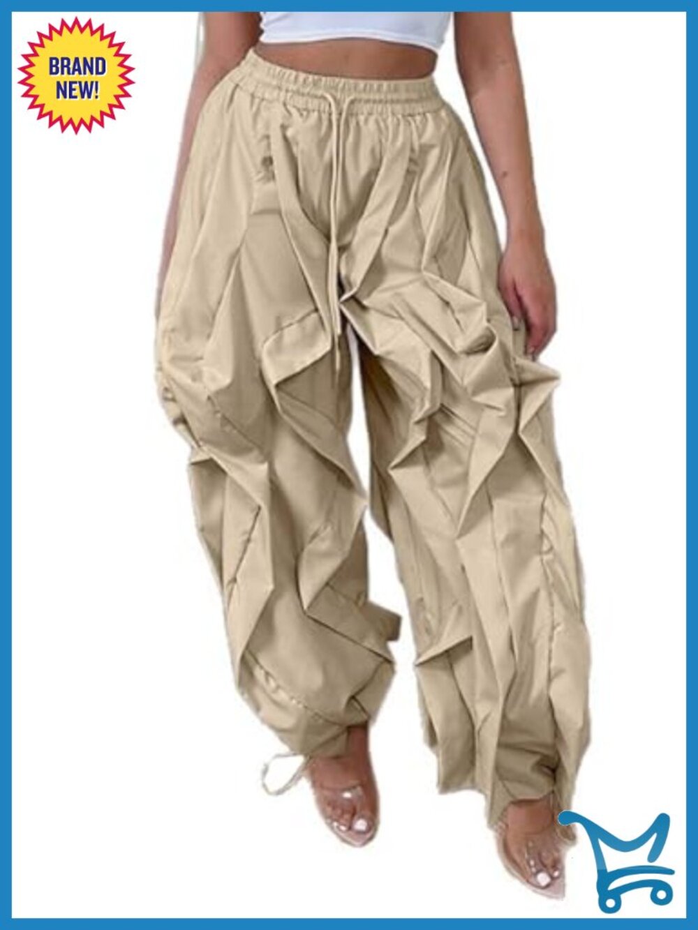 High Waist Parachute Pants Polyester Spandex Ruffle Wide Leg Sweatpants